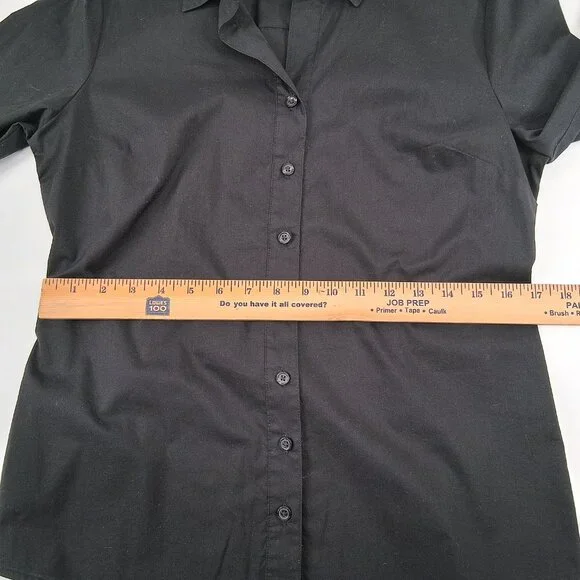 Tahari Black Button Front Shirt French Cuffs Pick Stitch Tailored Stretch SZ M - Picture 9 of 13
